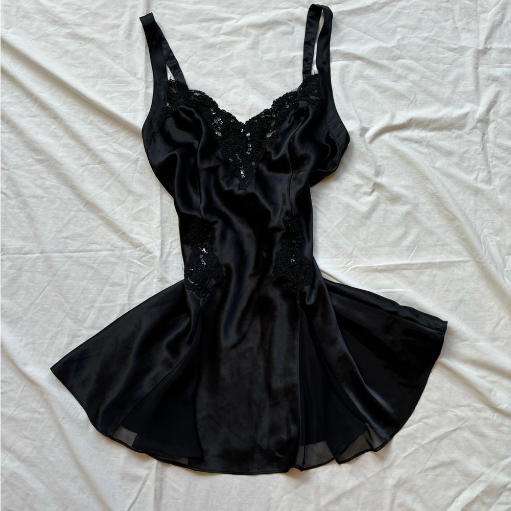 victoria’s secret black sheer bead sequin floral lace mini slip dress